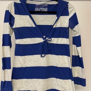 Blue and grey striped hooded shirt